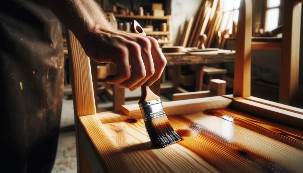 Homem aplicando o acabamento em uma madeira com um pincel