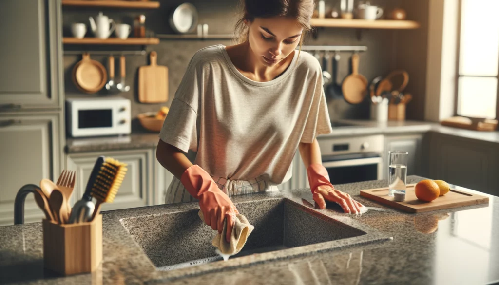 mulher limpando uma pia feita de mármore na cozinha